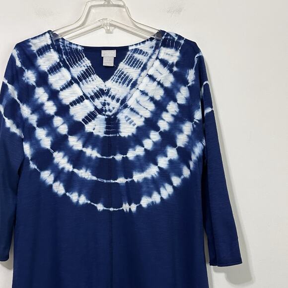 Chicos Zenergy Tie Dye Shirt Top 1 Size 8/10 3/4 Sleeve Blue V Neck Casual Tunic - Picture 3 of 9